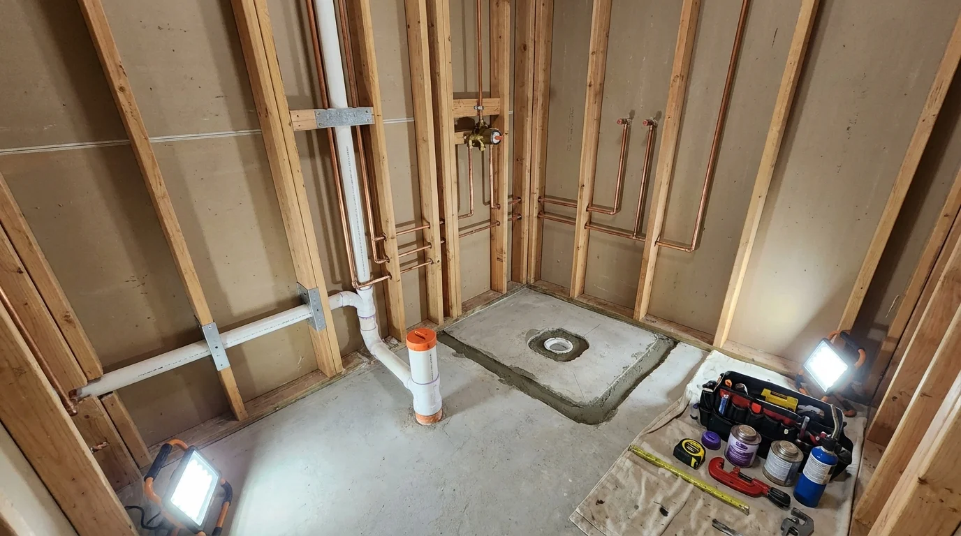 Bathroom rough-in plumbing during remodel by Johns Plumbing LLC in Dearborn Heights