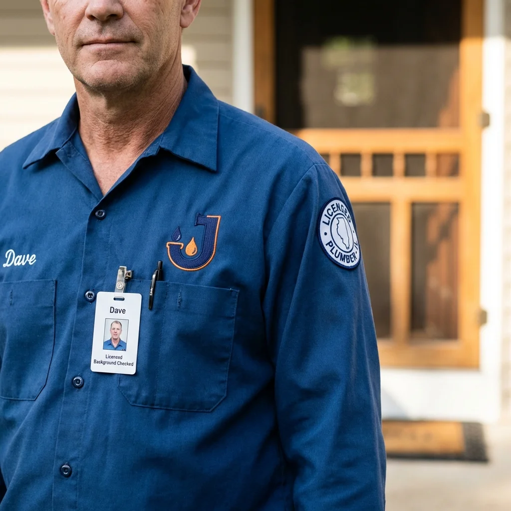 Licensed plumber showing ID badge in Dearborn Heights, MI