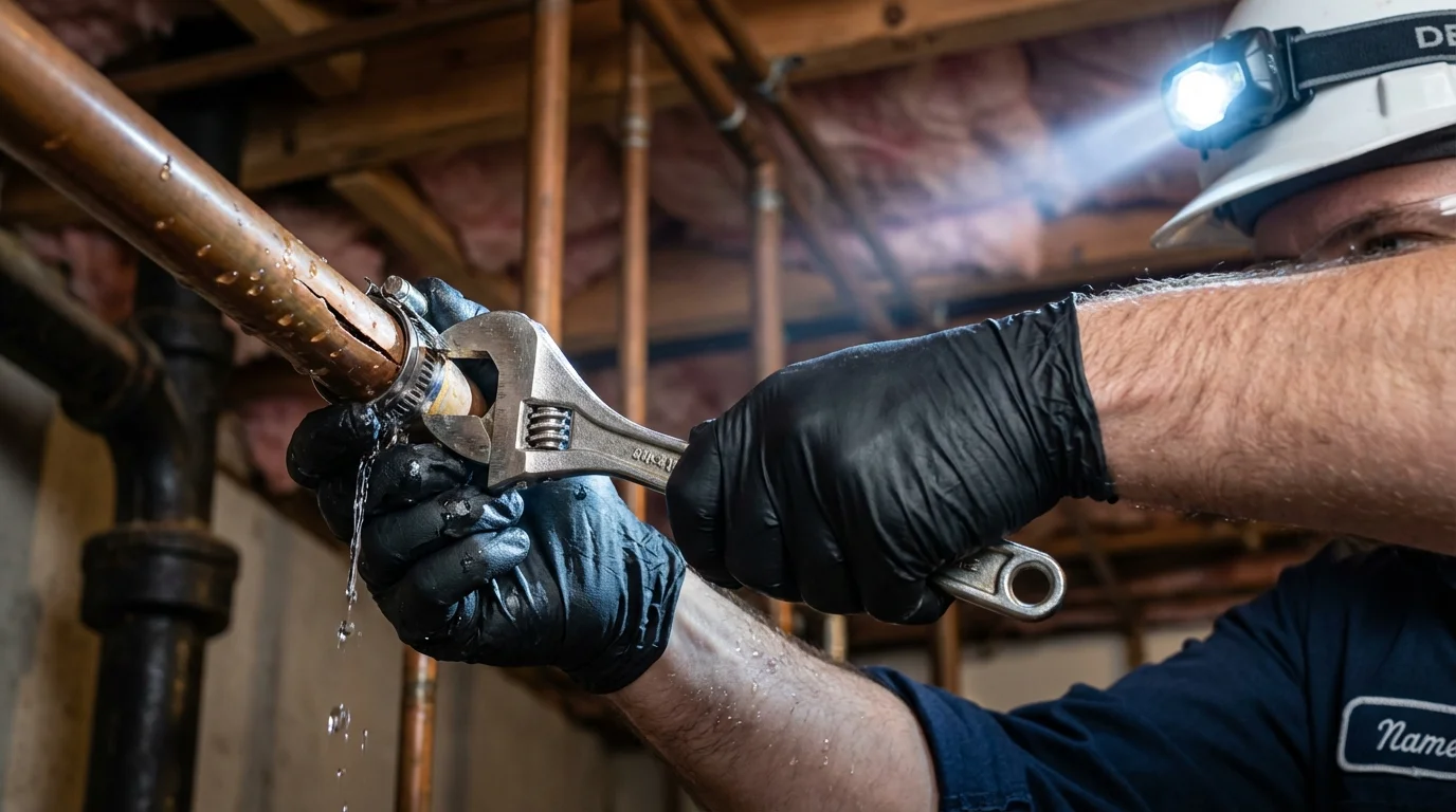 Emergency pipe clamp repair being performed by a Johns Plumbing LLC plumber in Dearborn Heights