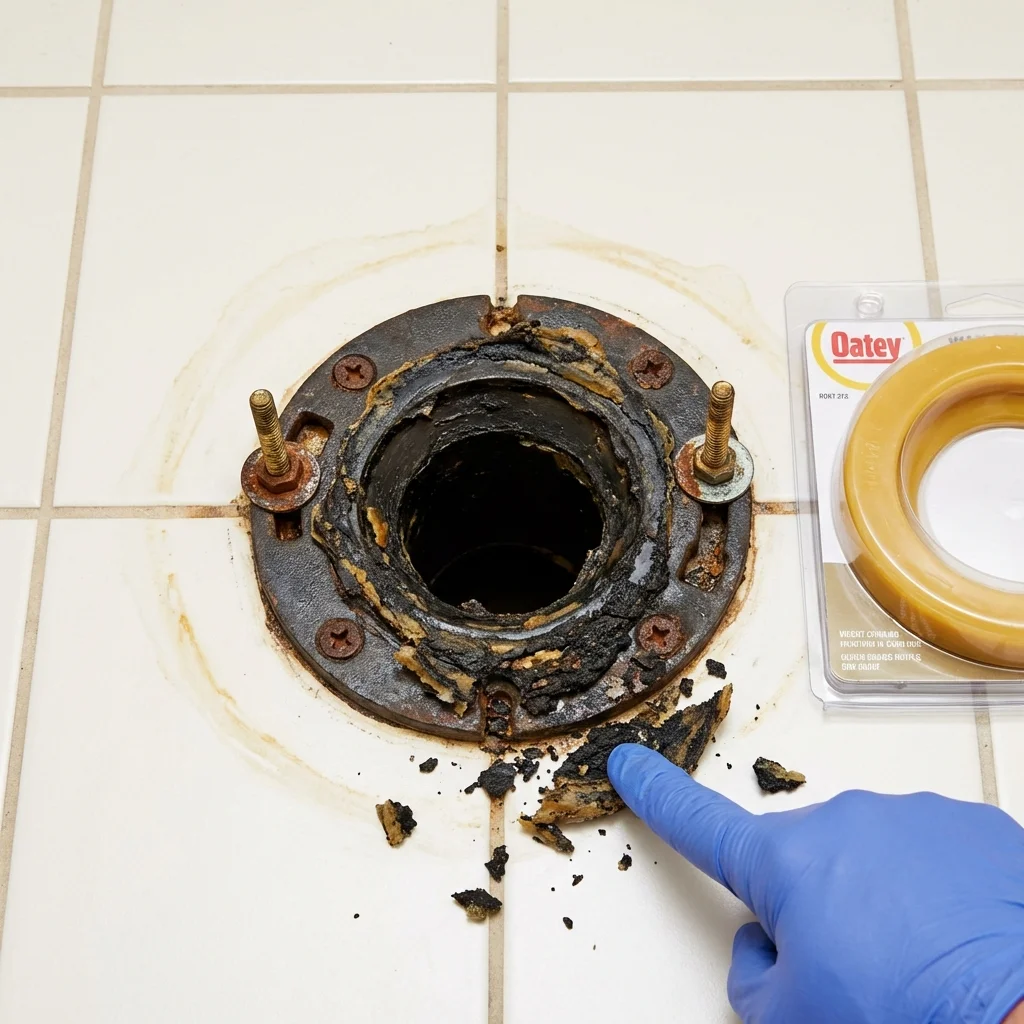 Failed wax ring showing water seepage at the base of a toilet in a Dearborn Heights, MI home