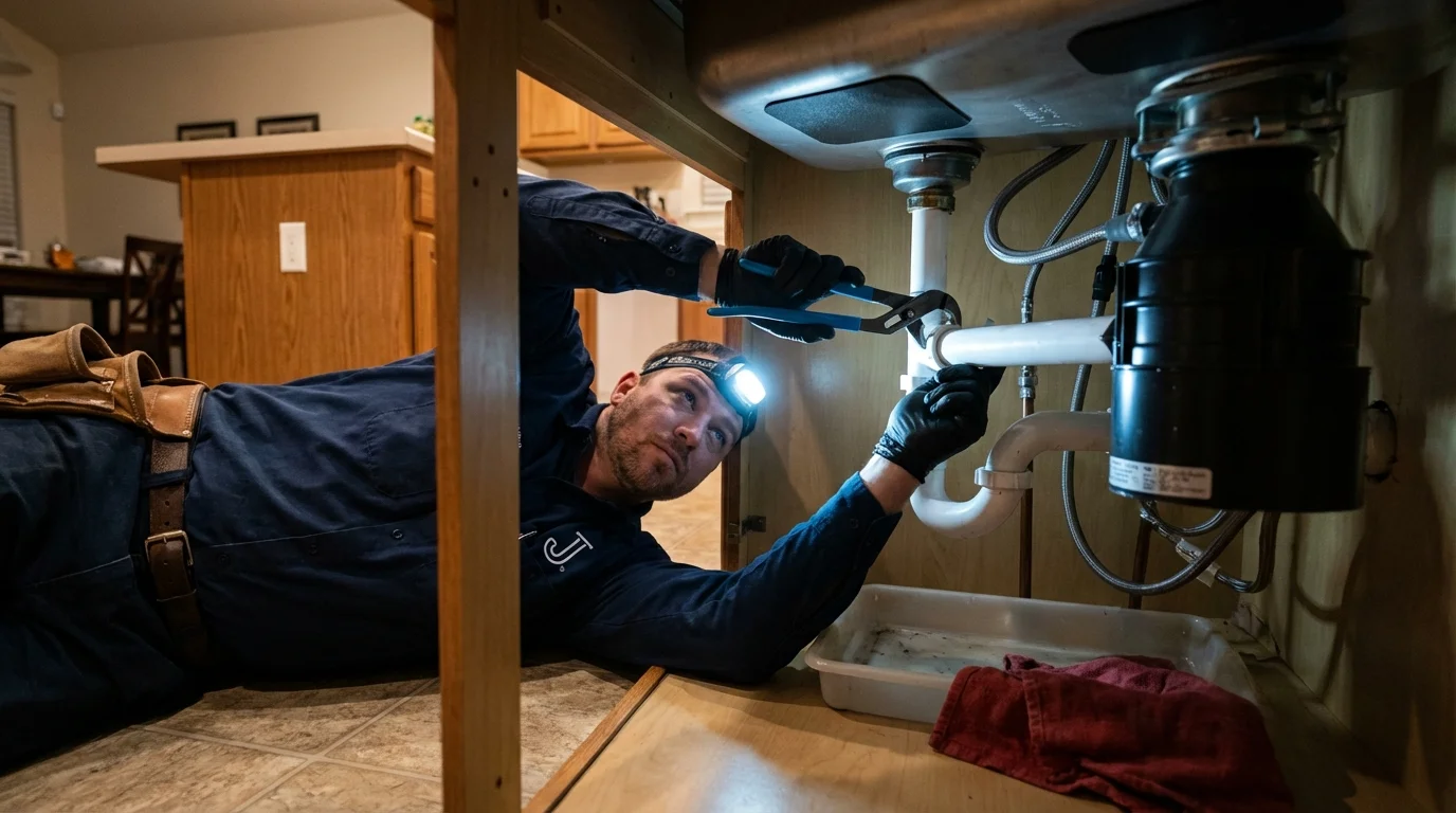 P-trap and supply line connections under a kitchen sink showing a common leak point in Dearborn Heights, MI